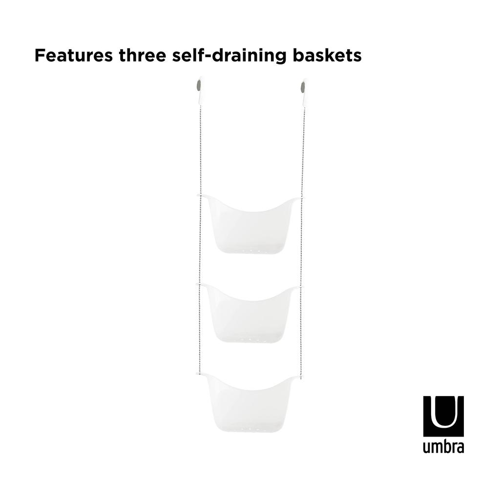 Umbra BASK SHOWER Hanging Shower No Drilling Bathroom 2022360670 CADDY, 3-Tier Rack, Required, Storage, Drainer, Clean, White/Nickel,