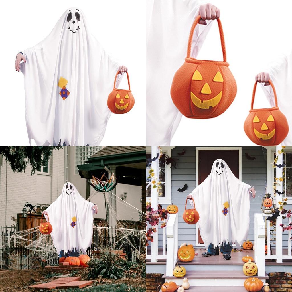 Spooky Halloween Ghost Cosplay Costume With Pumpkin Candy Bag For Kids