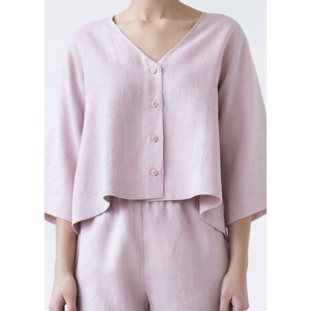 Lniany Rozkloszowany Top Damski Luźna Casualowa Bluzka Rękaw 3/4 Koszula Oversize