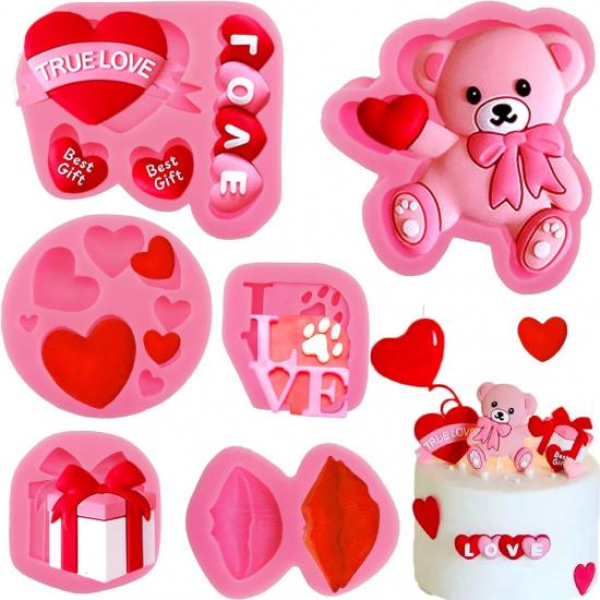 6 Pcs Valentine's Day Fondant Molds Wedding Fondant Cake Molds Bear Heart Love Lips Gift Shape Candy Silicone Molds Chocolate Mould for Cake Topper