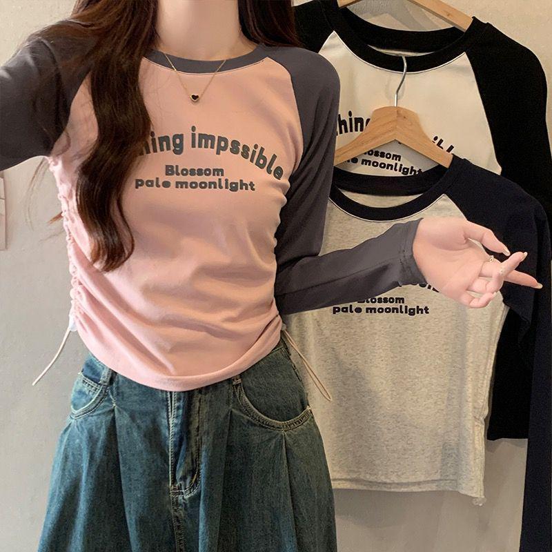 Plus Size Spring/Autumn Slim-fit Long Sleeve Drawstring Cropped Top for Women, Round Neck Base Layer T-shirt, 2025 New Collection.