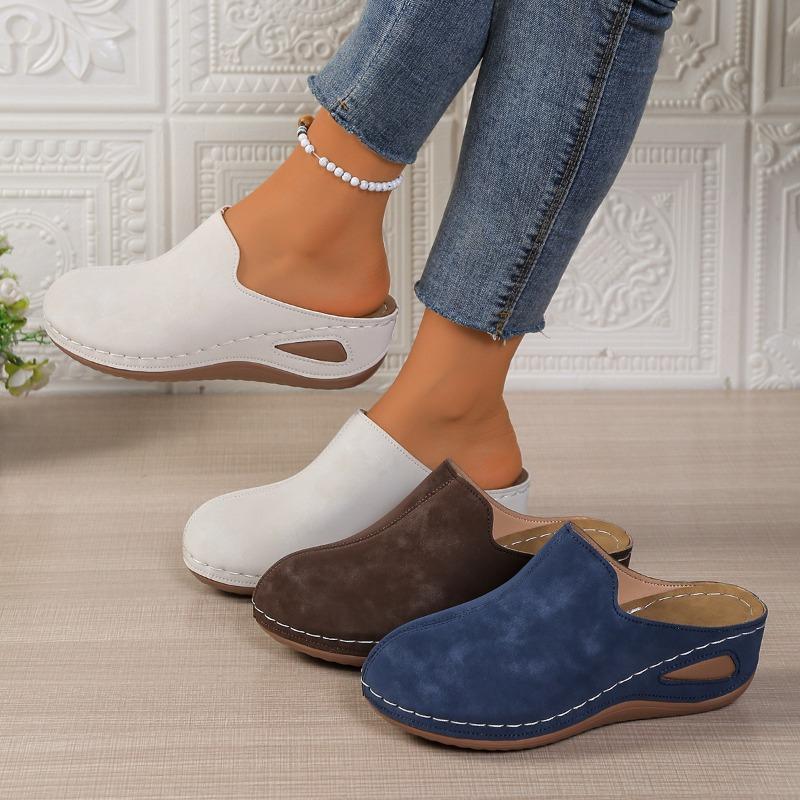 Damen Pantoletten mit klobiger Sohle - Outdoor-Slipper mit geschlossener Zehenpartie aus Wildlederimitat mit Memory-Schaum, leichte Plateau-Hausschuhe für den Herbst