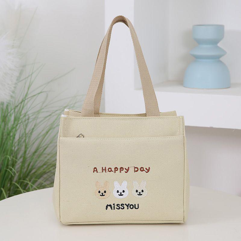 Cartoon Simple Rabbit Pattern Printed Canvas Handbag Office Worker Lunch Tote Bag Storage Bags