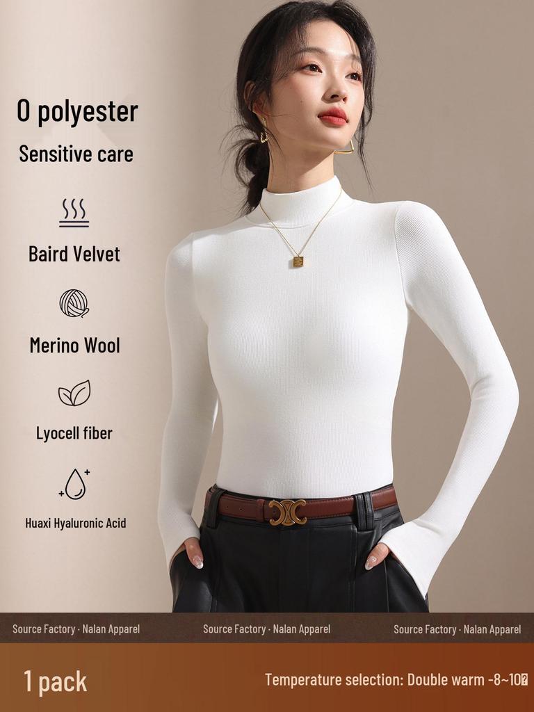 Women's Black Fleece-Lined Half-High Neck Base Layer Knit Top - Thickened Long Sleeve for Autumn/Winter 2026