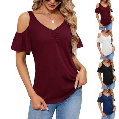 Women's Fashion Casual V-Neck Off-Shoulder T-Shirt Cropped Ruffle Sleeves Hollow Waist Shirt