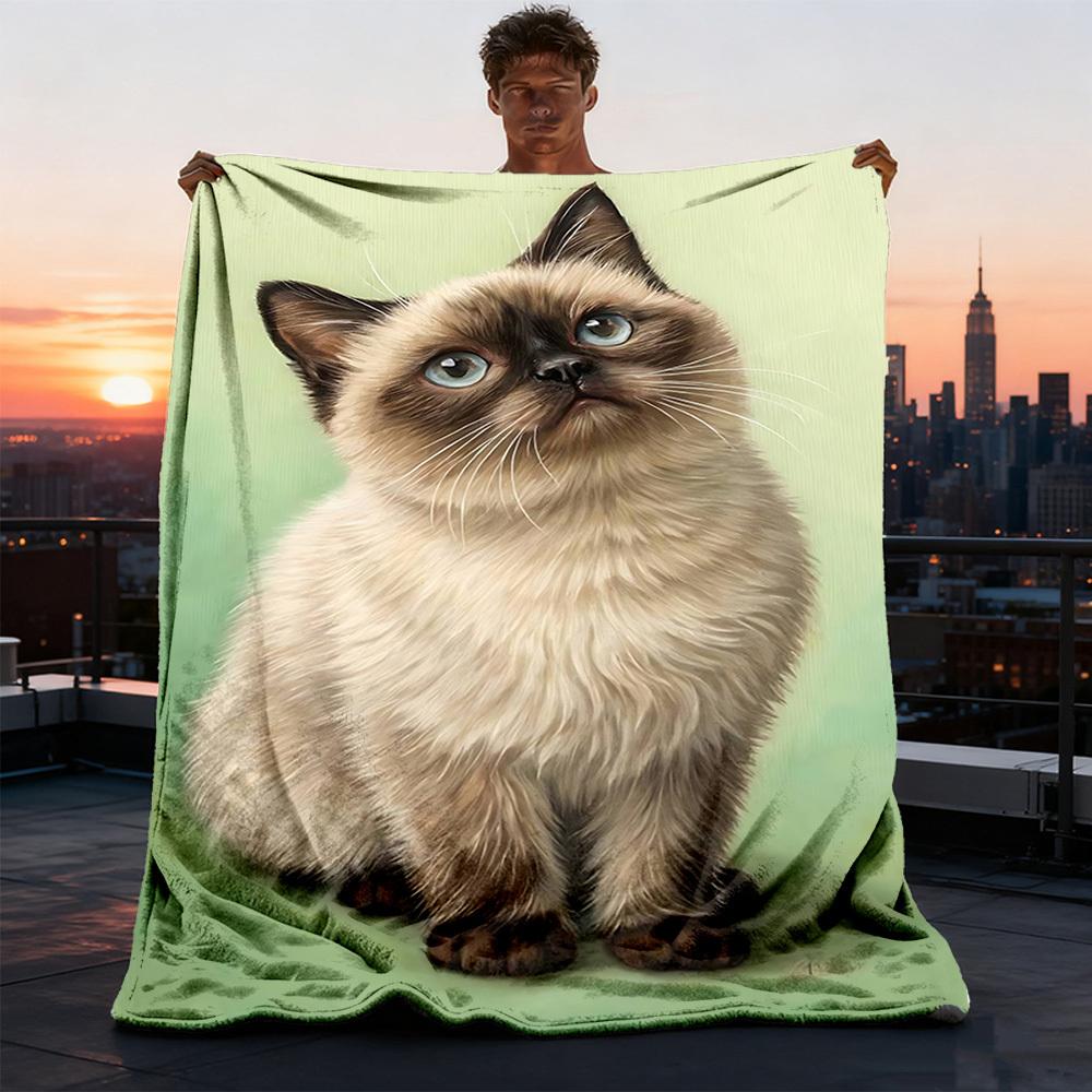 1pc Siamese Cat Outdoor Flannel Blanket , Machine Washable Perfect Gift for Birthday , Holiday Travel Accessory , Durable Material
