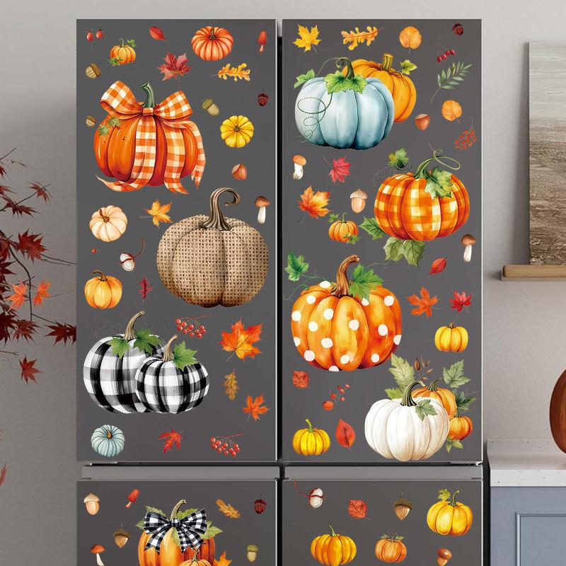 Autumn glass window stickers, static stickers, pumpkins, autumn leaves, harvest festival, Thanksgiving refrigerator stickers