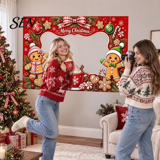 Festive Seasonal Event Banner Christmas Cartoon Photo Booth Frame Banner, Xmas Selfie with Elk Theme Props Penguin Bear, Holiday Party Handheld Prop,