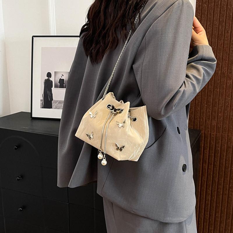 Elegant Women's Drawstring Bucket Butterfly Chain Shoulder Bag Fashion PU Top-Handle Solid Color Crossbody Bag KTY