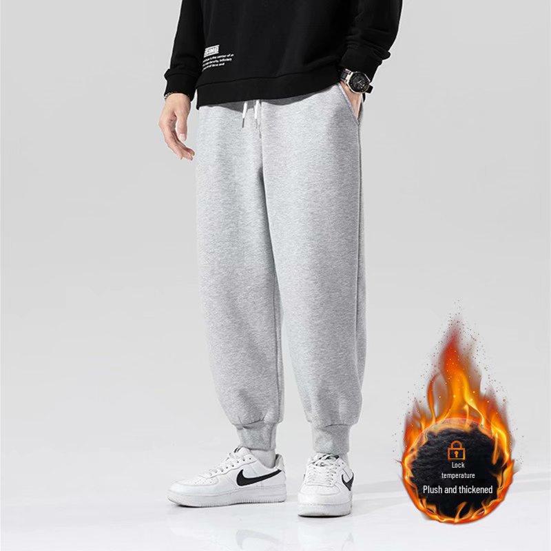 Men's Fleece Pants - Gray, Korean Style, Large Size, Casual Sweatpants for Autumn & Winter