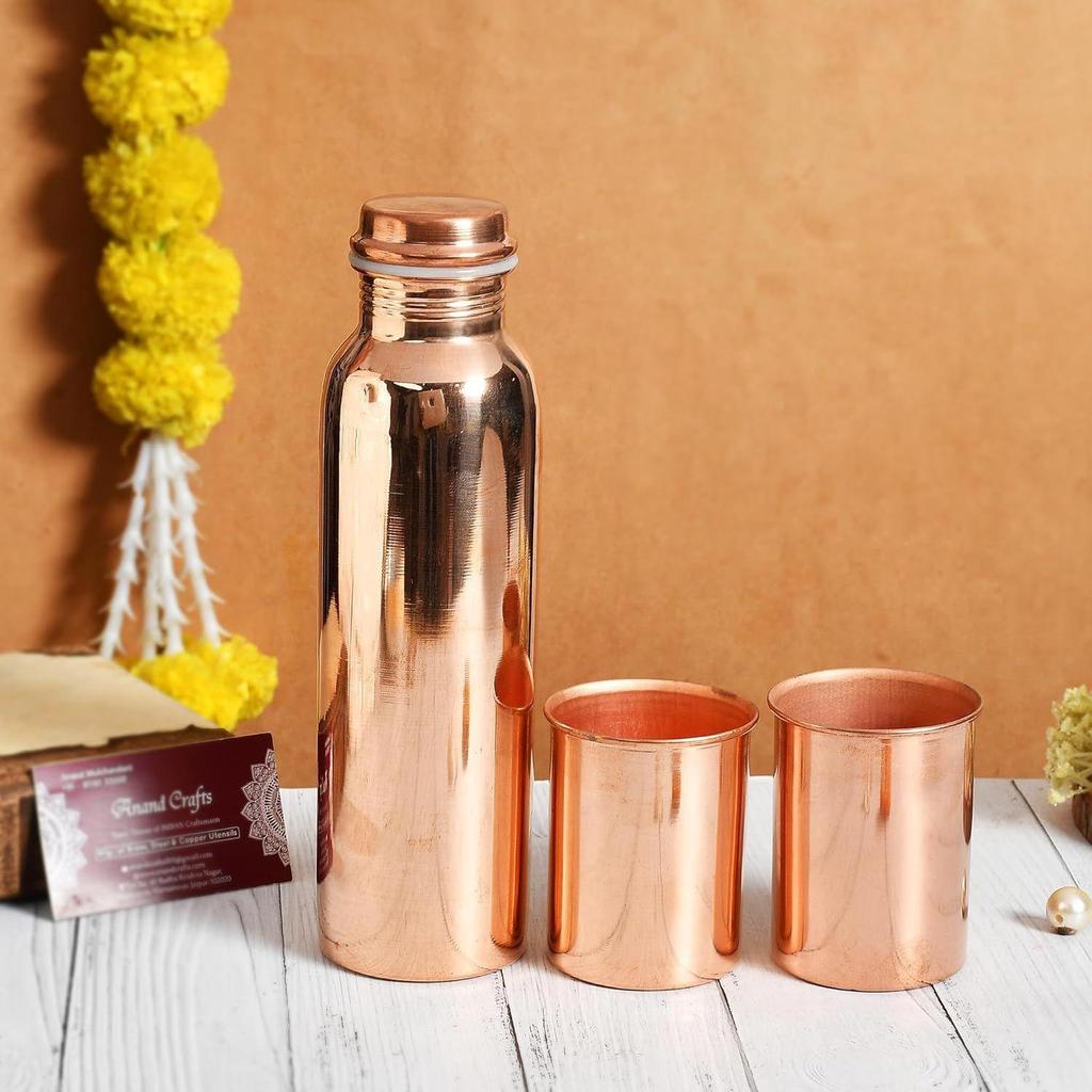 Copper Water Bottle 1 Ltr | Copper Water Bottle with Glass Set | Meena Work | 100% Pure | Leak-Proof | 2 Water Glass 300ml Each