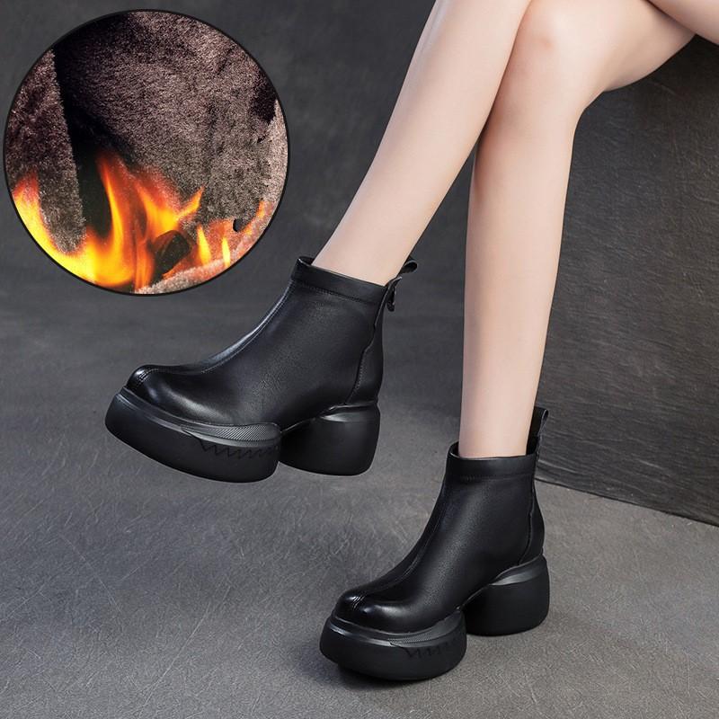 Johnature Plush Warm Thick Soled Short Boots Genuine Leather Round Toe Versatile Comfortable Women's Shoes
