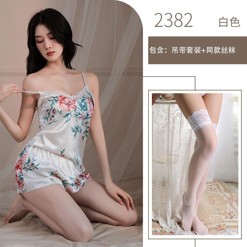 Sex Underwear Sexy Deep V Printed Suspender Lace Seduction Small Breast Shorts Set Pure Desire