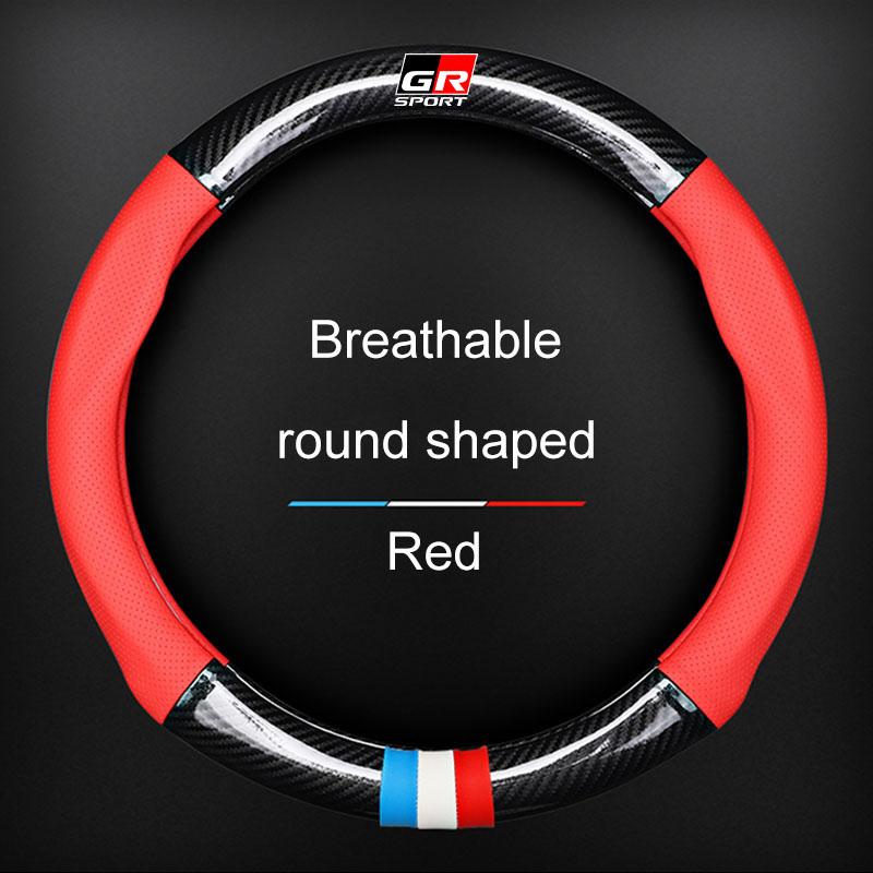 Leather Carbon Fiber Car Steering Wheel Cover Emblem Car Accessories For Toyota TRD Corolla Auris Yaris Rav4 CHR Camry40 prius
