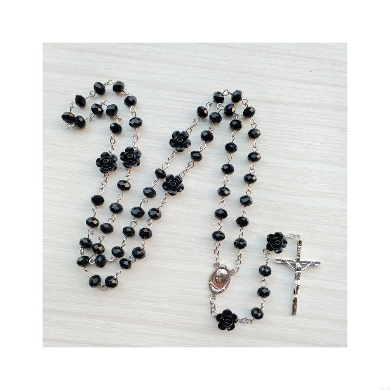 62KD Rose Crystal Rosary Necklace Catholic Vintage for Cross Pendant Long Chain Neckl