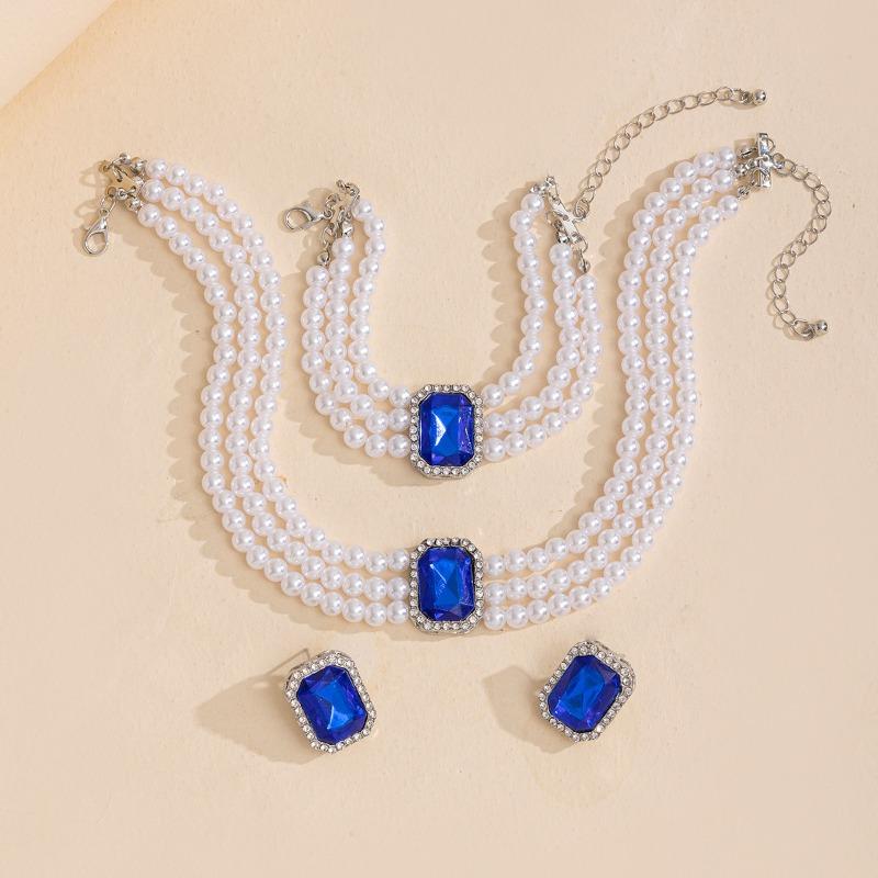 Imitation pearl necklace set jewelry exaggerated light luxury gemstone collarbone chain retro ring bracelet