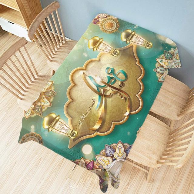 Eid Mubarak Waterproof Tablecloth Islamic Art Flower Decoration for Ramadan Restaurant Rectangular Tapestry