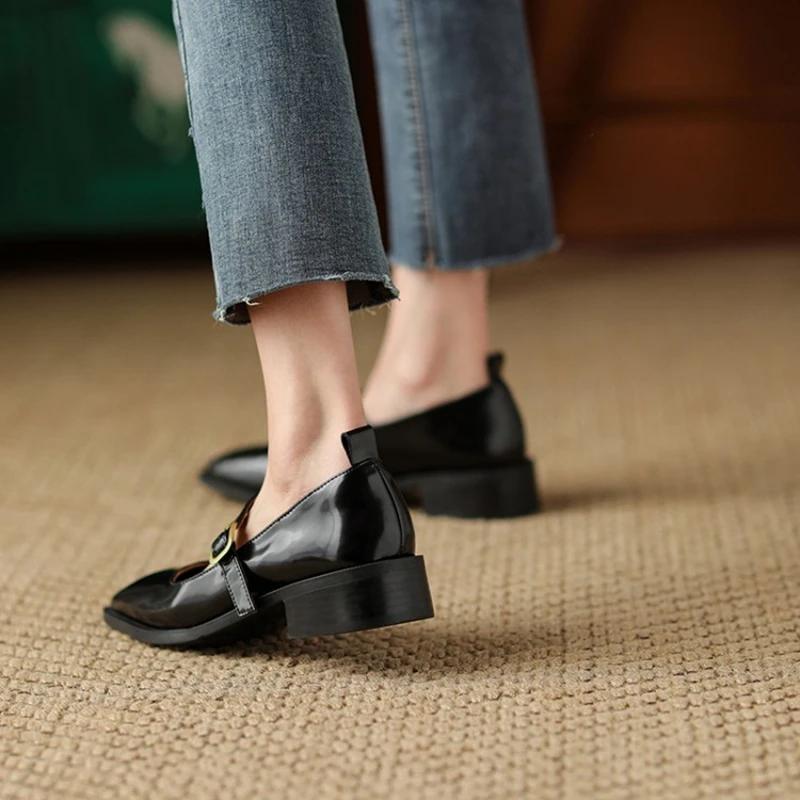 Fashion Spring/Autumn Women Shoes Square Toe Chunky Heel Shoes Patent Leather Mary Janes Low Heel Solid Pumps Women Concise Black Shoes