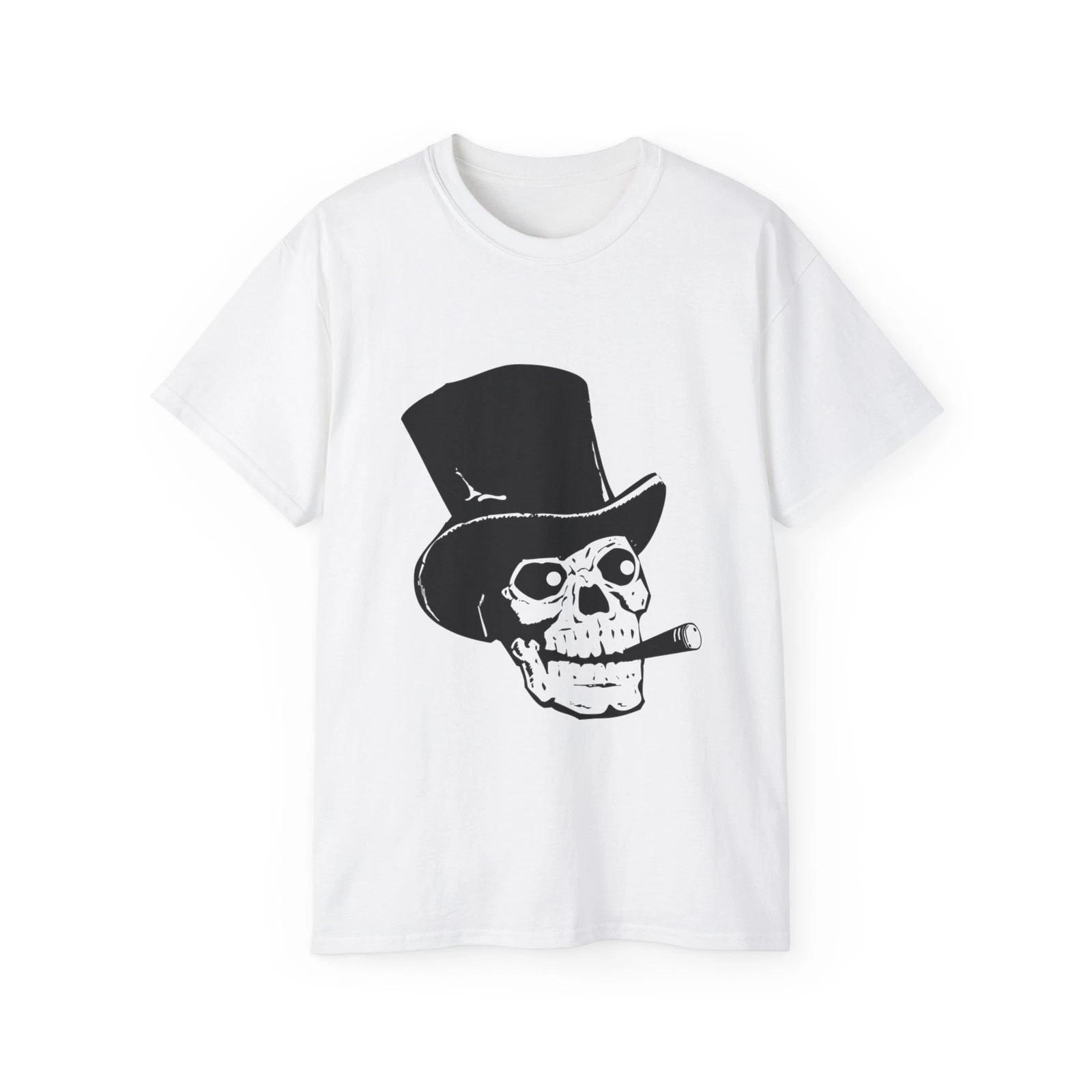 Skull Top Hat Silhouette Black Artwork Cartoo | Custom Graphic T-Shirt XL