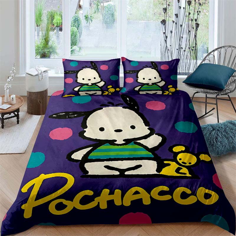 The new cartoon Pochacco dog themed three piece bedding set for 2026, including duvet covers and pillowcases, is the perfect cho