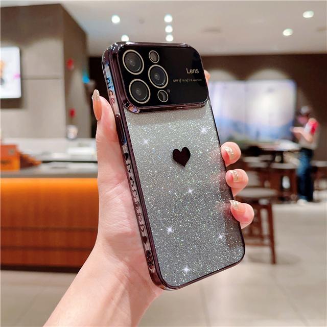 Luxury Plating Heart Love Bumper Flash Gradual Phone Case For iPhone 14 13 12 11 Pro Max Lens Protector On 14 Plus Glitter Cover