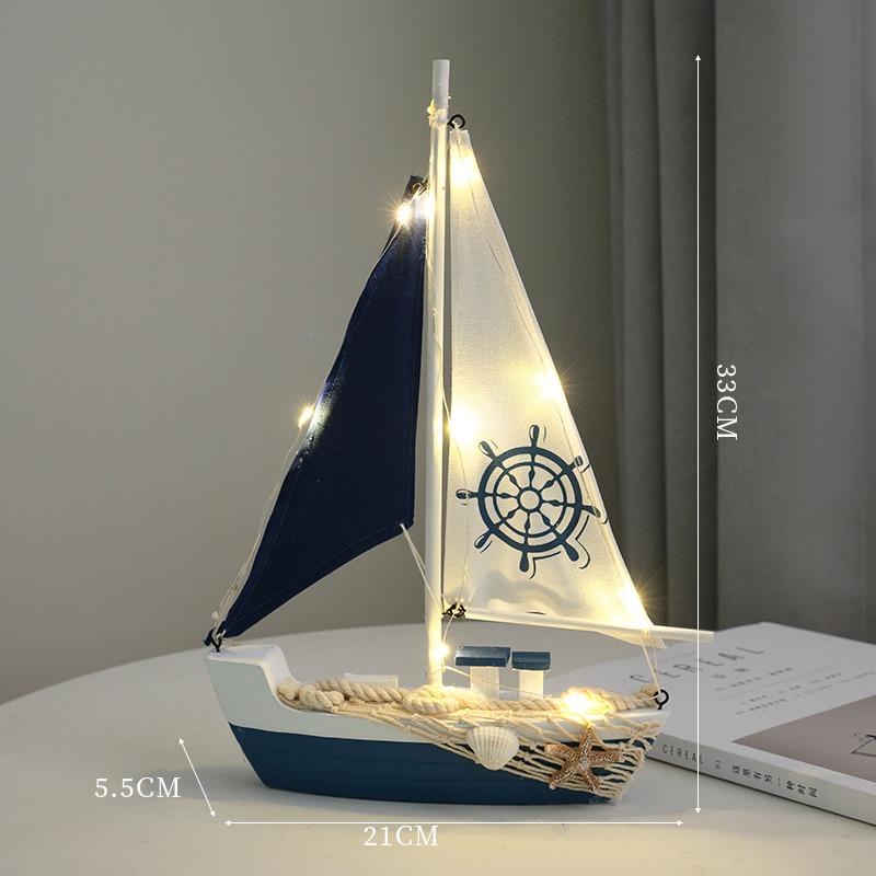 LED Wooden Sailboat Model, Nautical Mediterranean Style Home Decor, Coastal Sea Theme Tabletop Boat Ornament, Sailing Ship Gift