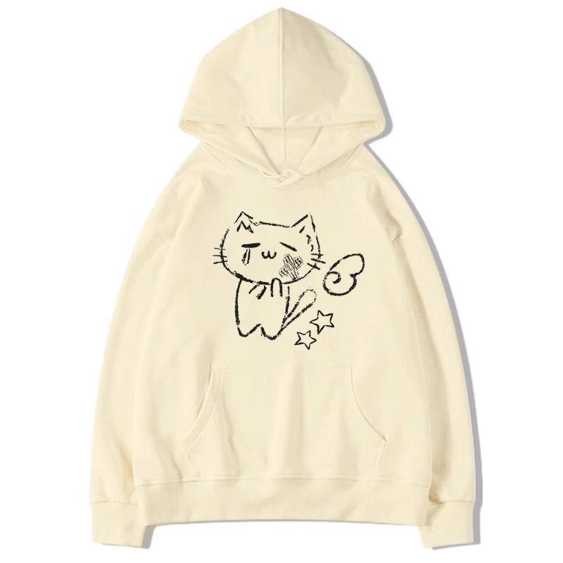 

Винтажная опрятная кавайная толстовка с капюшоном с рисунком, мультяшные пуловеры, свободные джемперы в стиле гранж в стиле Харадзюку, эстетика 2000 года, женская белая вязаная толстовка с капюшоном S