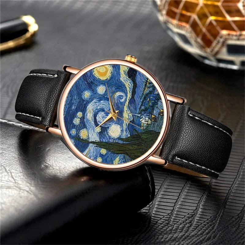 Creative Painting Design Women's Watches Simple Three-pin Leather Strap The Starry Night Ladies Casual Watch Gift For Women Men