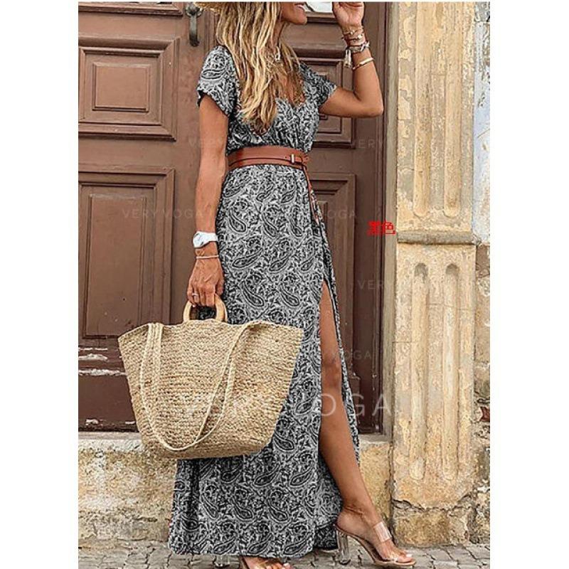 Summer Bohe Style V-neck Floral Printed Dress Belt Loose Short Sleeve Fashion Elegant Casual A-line Party Long Dresses Female Dtreetwear Clothing