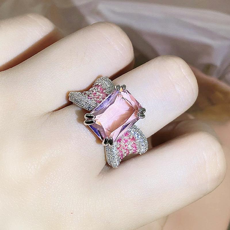 Cold Style Ins Inlaid Pink Ring for Women with Open Index Finger Pink Gemstone Ring