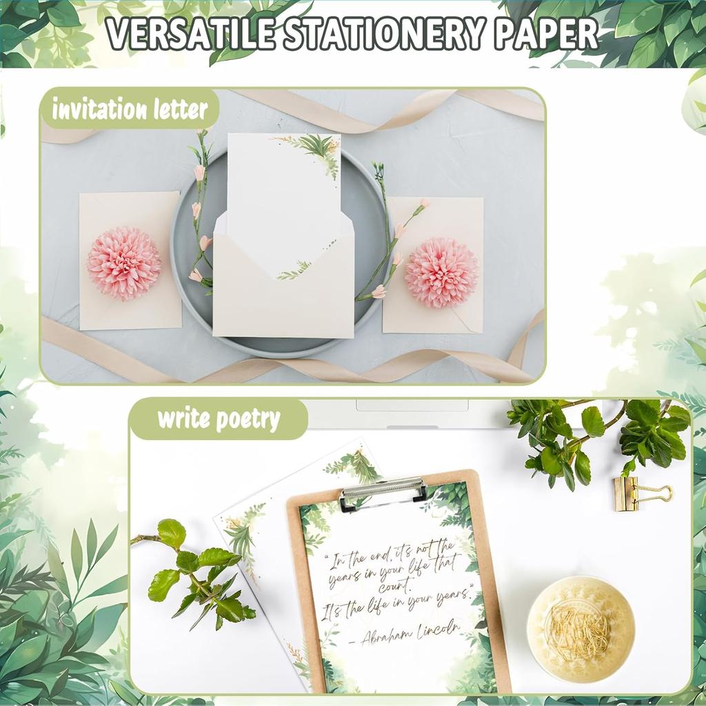 Greenery Theme Stationery Letter, 8.5 x 11 Inches, 80 Double-Sided, Pretty Printer Paper, Decorative Paper for Wedding, DIY Drawing, Thank Greeting
