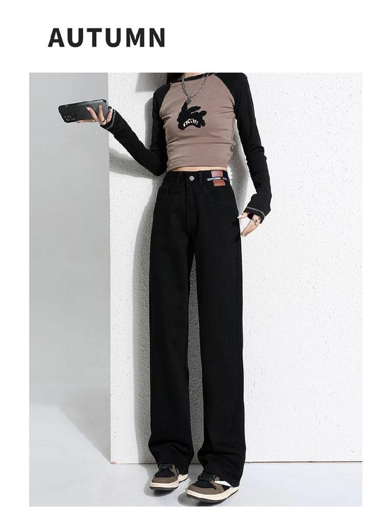 High-Waisted Leather Patch Wide-Leg Fleece-Lined Denim Pants for Women - 2026 Winter Style, Slimming and Warm Floor-Length Design.