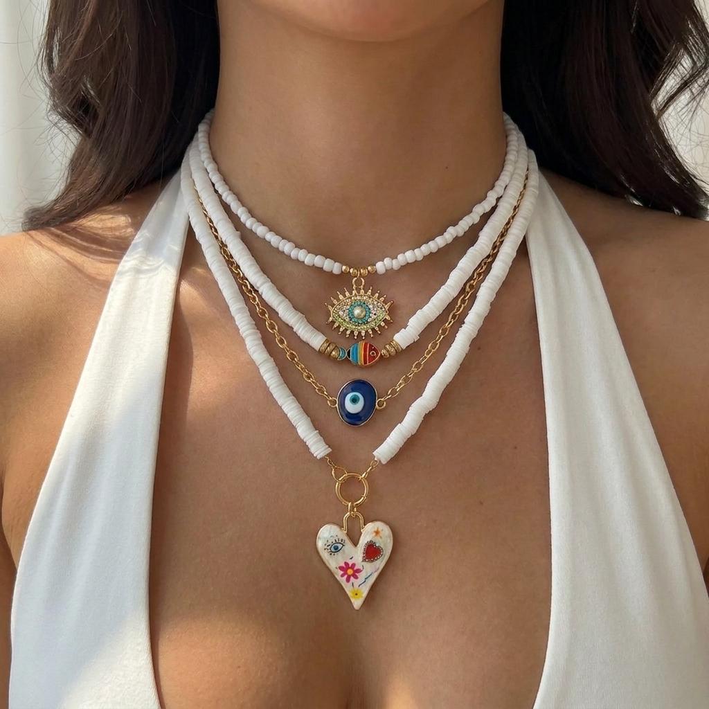 4er Set Glücksbringer Blaue Böse Auge Anhänger Halsketten für Damen Bohemian Bunte Herz Mehrschichtige Perlen Halsketten Gestapelter Schmuck