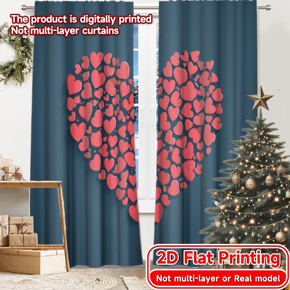 

Set Of 2 Modern Flat Printing Heart Bloom Window Curtain Versatile Fabric Curtains Decorations Home Use Translucent Polyester W100*H70(CM)-Hooks&1PCS