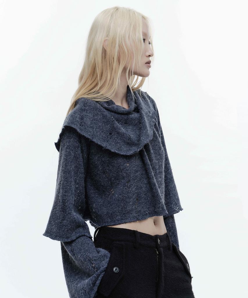 WET TAG Double Layer Damaged Crop Knit Blue