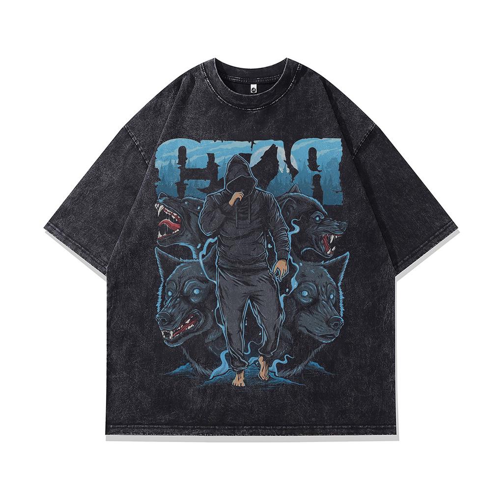 T-shirt Oversize à Manches Courtes Lavé Vieux Imprimé Crâne Tendance Sombre Marque Européenne Et Américaine Tee Mi-Manches Hommes Et Femmes