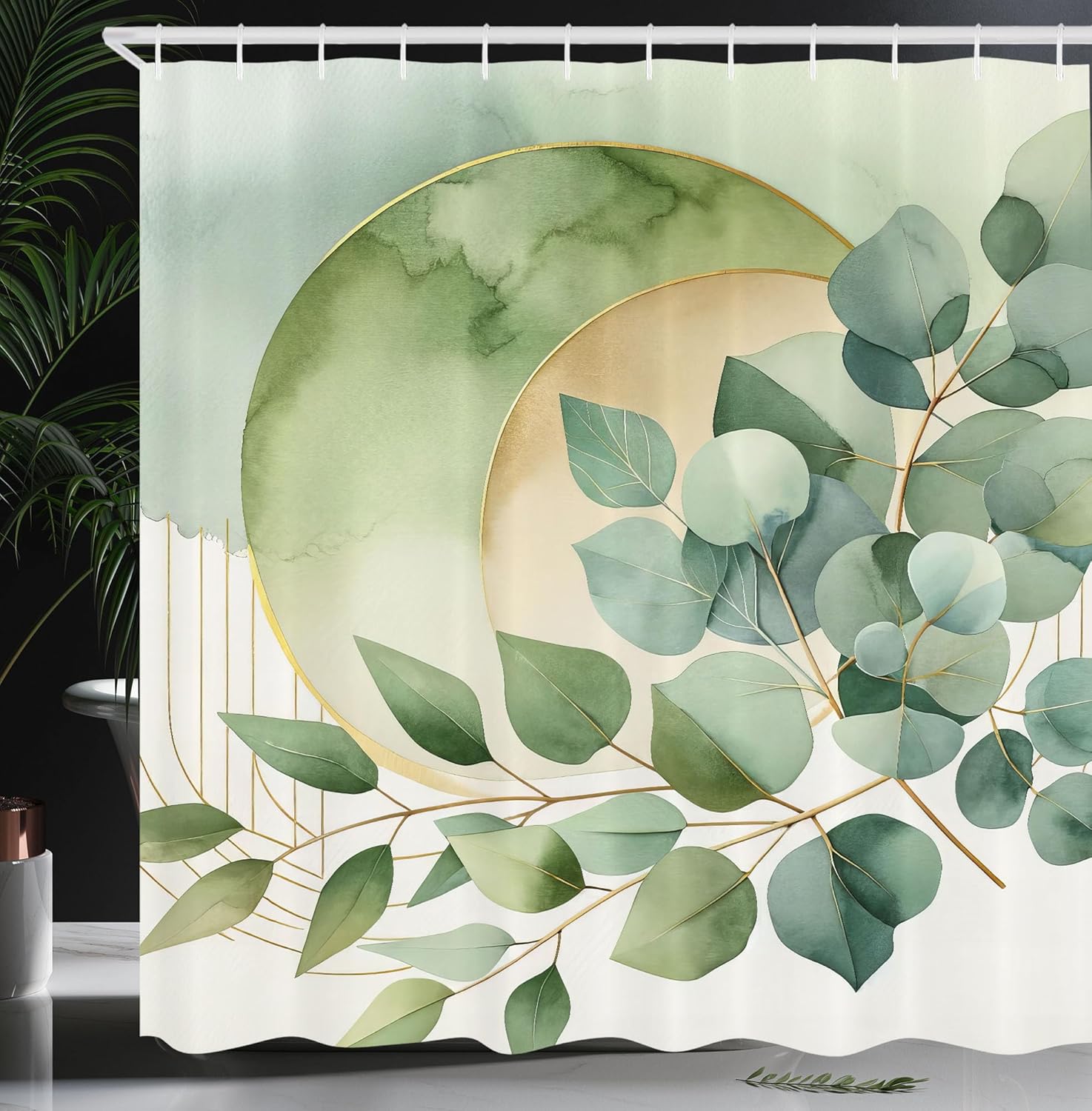 

Eucalyptus Leaf Shower Curtain Gold Moon Design Watercolor Green Nature Art Minimalist Bathroom Decor Boho Chic Style Fabric W60H190(CM)-1 Pcs