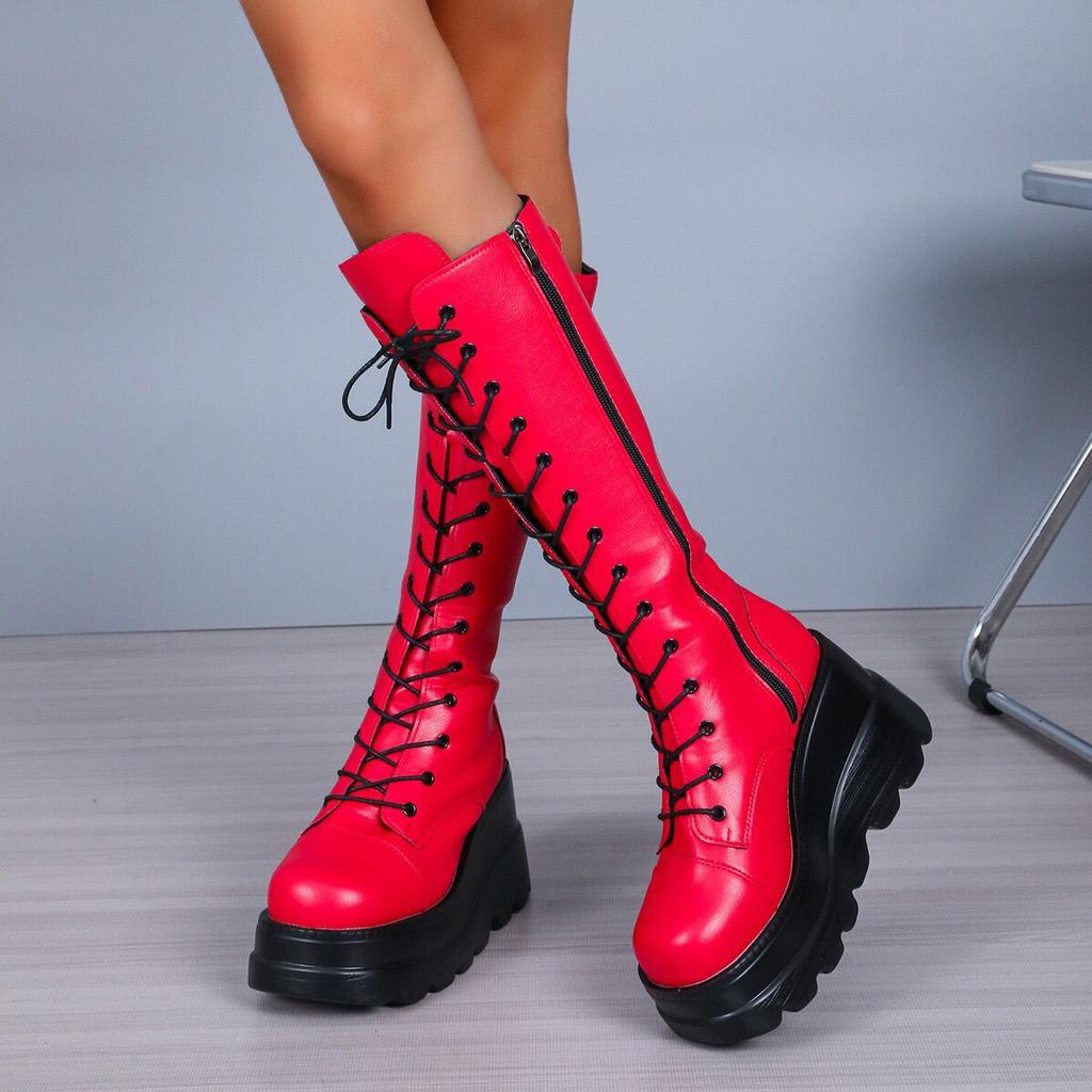 Platform Knight Boots Women'S Boots European And American Punk Style Red Slope Heel Platform Medium Boots Women