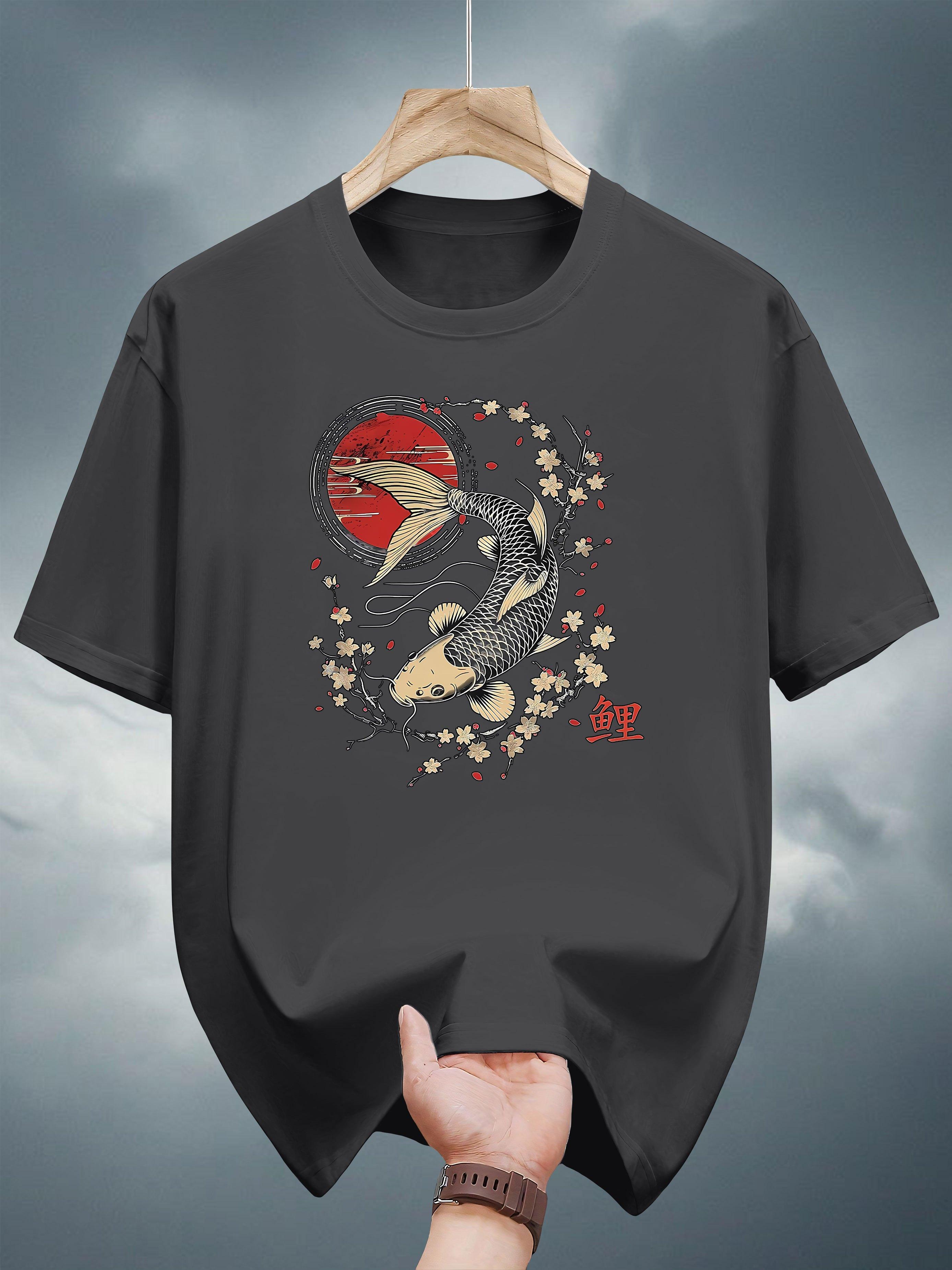 200g 100% Cotton Short Sleeve T-shirt - Navy Blue Japanese Koi Fish & Cherry Blossom Print S