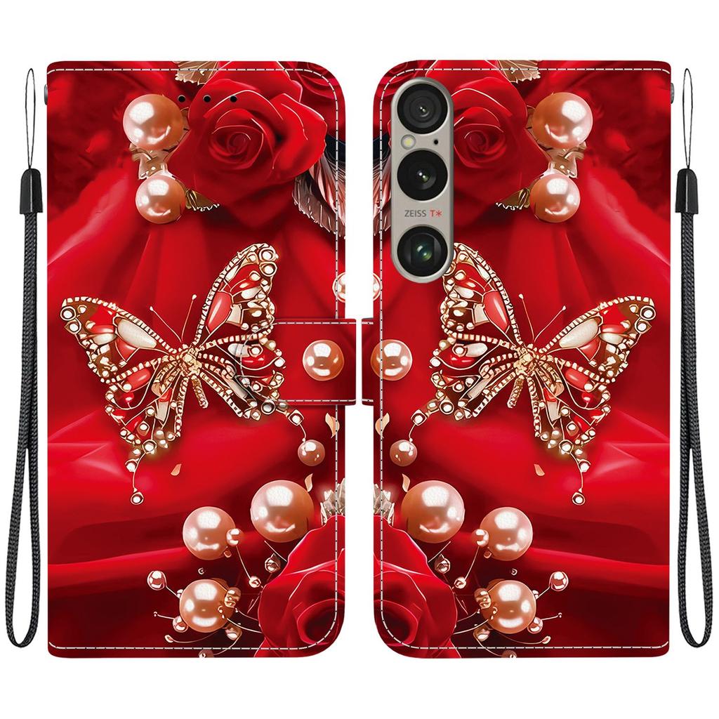 Handmade PU Leather Flip Case for Sony Xperia 1 VI Anti-Slip Shockproof Cover with Wrist Strap & Heart/Rose Cat Designs