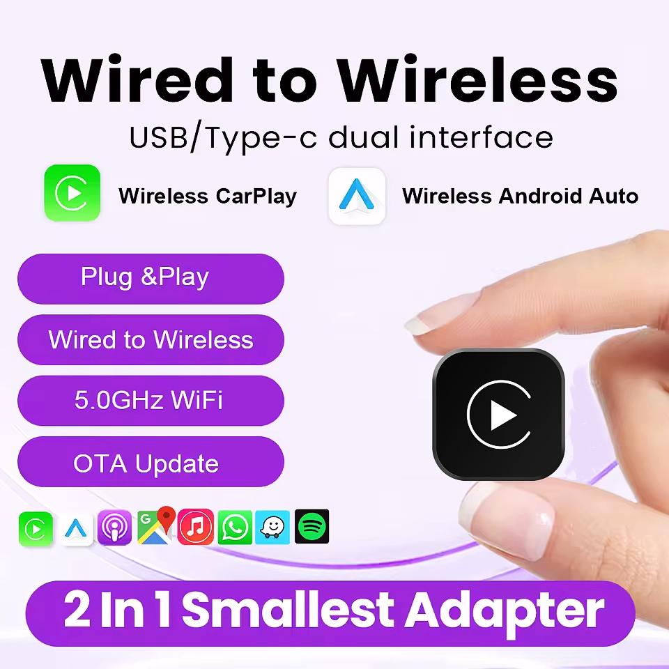 

Беспроводной адаптер Carplay Android Auto 2 в 1 Smart Dongle 2025 5G WIFI для iPhone Android Phone для Volvo Benz Mg Kia Chery VW белый