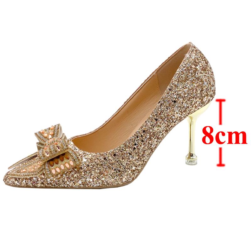 Bling Sequins Red Pumps Women Sexy Crystal Bow Thin Heels Bride Shoes for Wedding Woman Slip-On Shining High Heels Dance Shoes