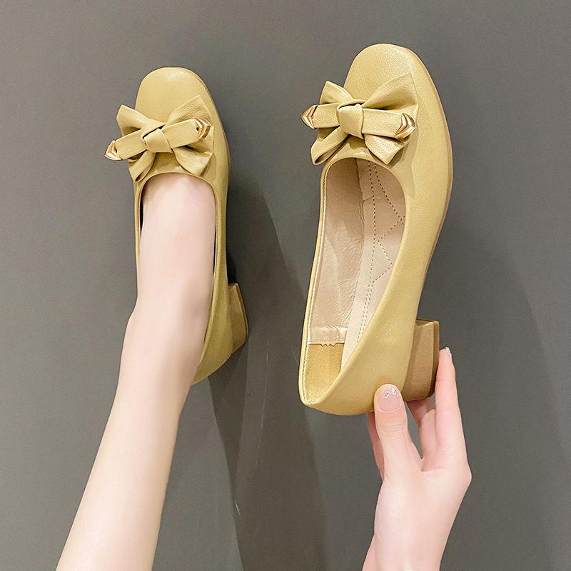 Ladies Pumps Yellow with Bow Round Toe Medium Heels Women's Shoes Comfortable and Elegant Vacation Wholesale Stylish Popular 39