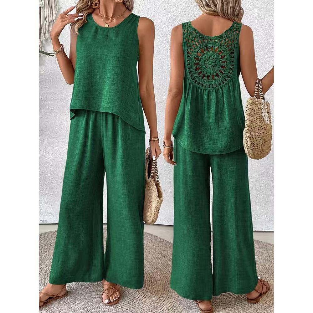 Set da donna casual alla moda, tinta unita, schiena con intaglio floreale, elegante, due pezzi