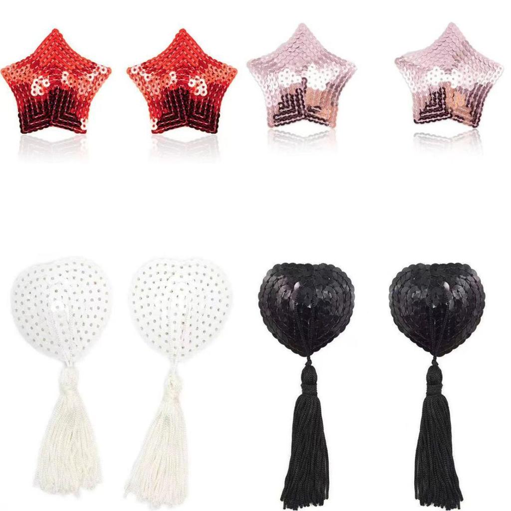 Heart-Shaped Sequin & Star Nipple Pasties with Tassels - Silicone Bra Accessory