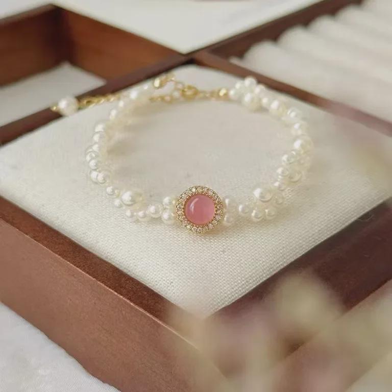 S925 Silver Pink Chalcedony and Pearl Jewelry Set: Bracelet, Necklace, Ring, Earrings - Perfect Gift for Girlfriends & Besties