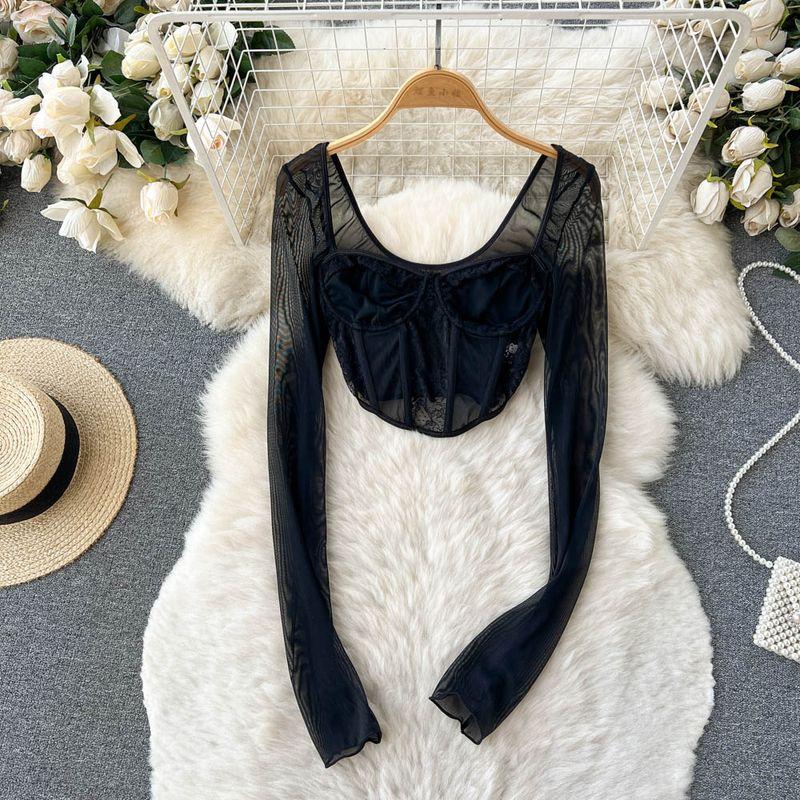 

Sexy Patchwork Mesh U-Neck Short Tops Lace Shirt Black L