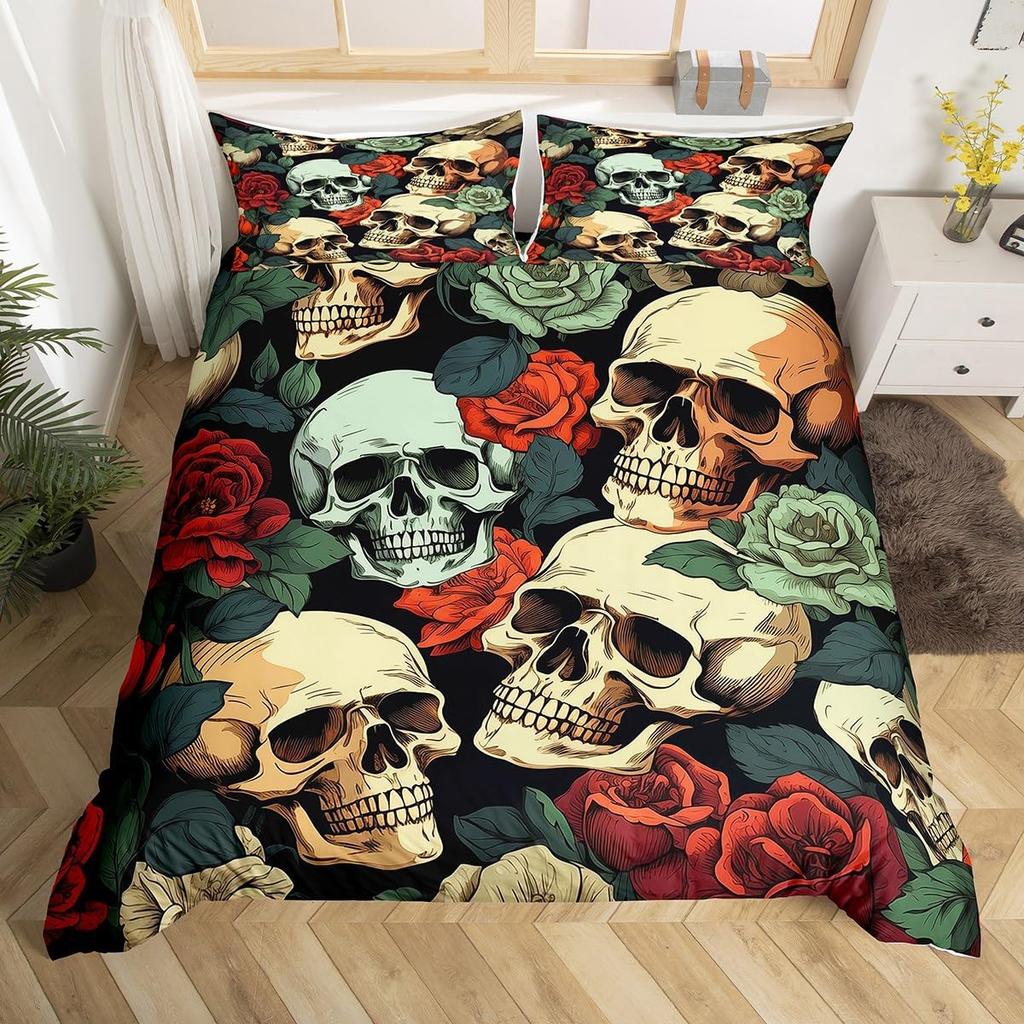 Sugar Skull Duvet Cover Scary Skeleton Comforter Cover Queen Twin Size For Adults Teen Halloween Decor Gothic Skull Bedding Set