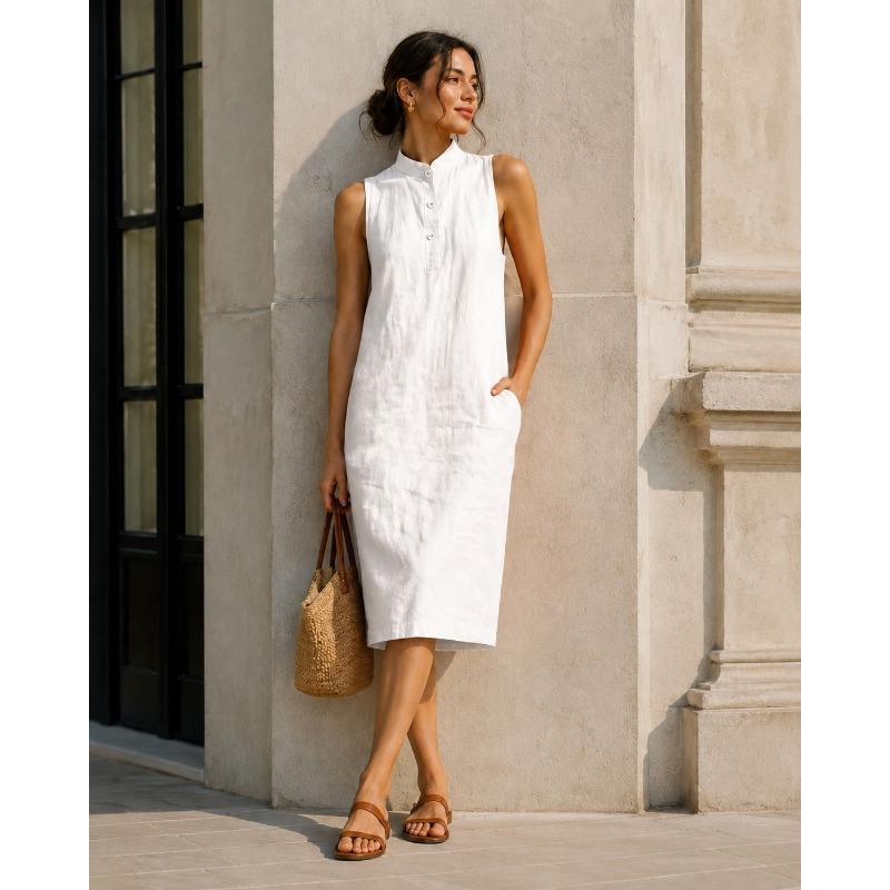 Women Stand Collar Half Button Sleeveless Linen Midi Dress With Side Pockets