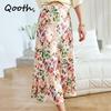 Qooth  Floral Trumpet Skirt Mid length Satin Casual Elastic Waist Printed Maxi Skirt QT1855